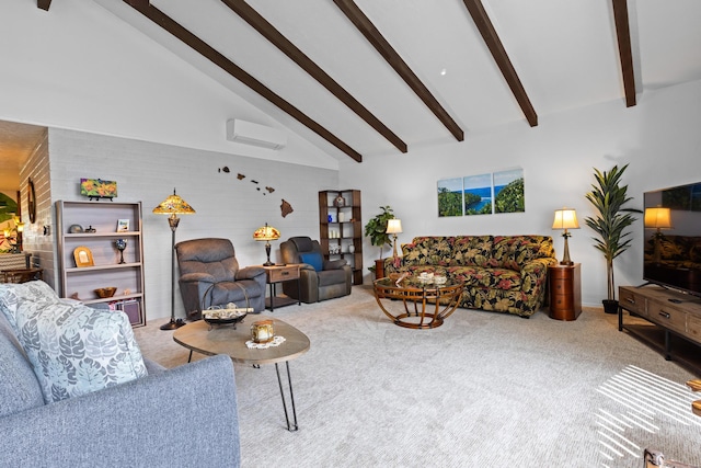 living room featuring high vaulted ceiling, light colored carpet, a wall unit AC, and beamed ceiling