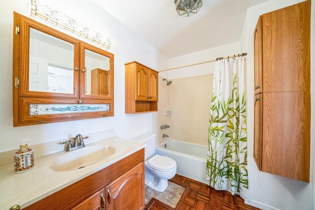 full bathroom featuring vanity, parquet flooring, shower / bath combination with curtain, and toilet