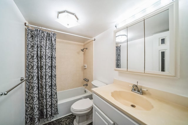 full bathroom featuring shower / tub combo, vanity, and toilet