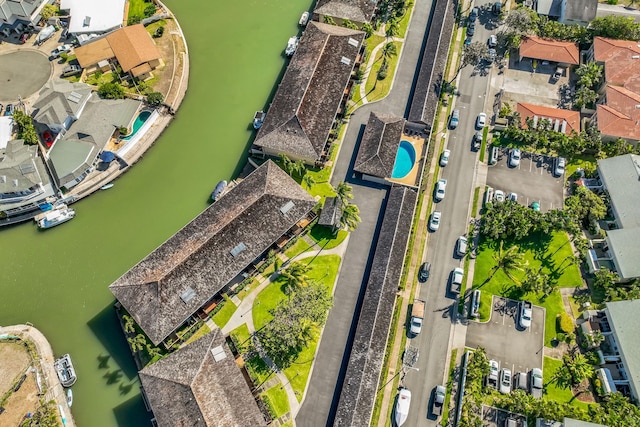 drone / aerial view featuring a water view