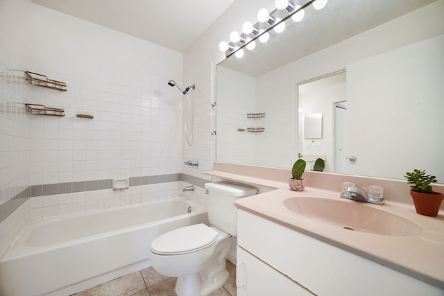 full bathroom with tile patterned flooring, vanity, toilet, and washtub / shower combination