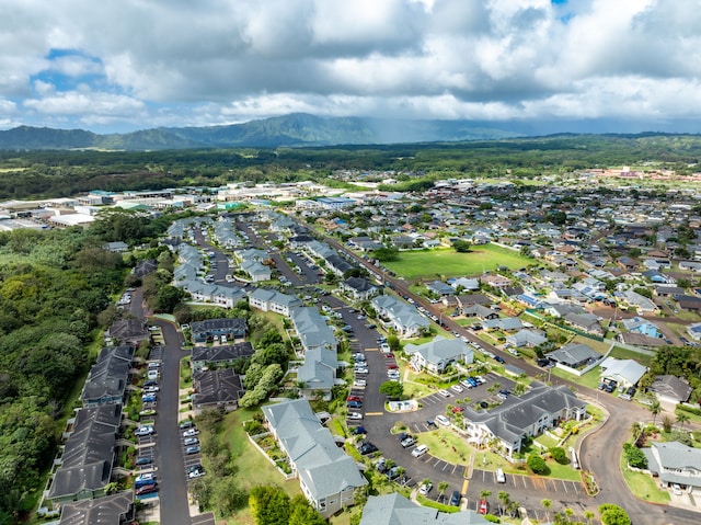 drone / aerial view featuring a mountain view