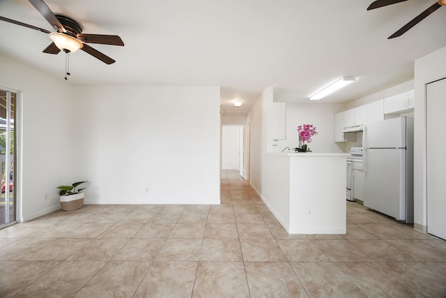 kitchen with white cabinetry, white appliances, ceiling fan, and light tile patterned floors