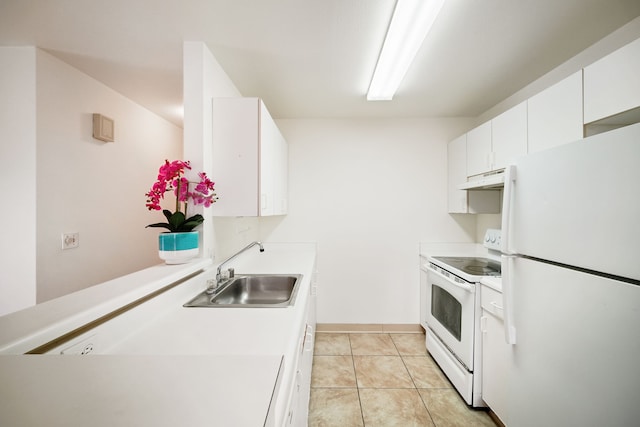 kitchen featuring light tile patterned flooring, sink, white cabinets, and white appliances