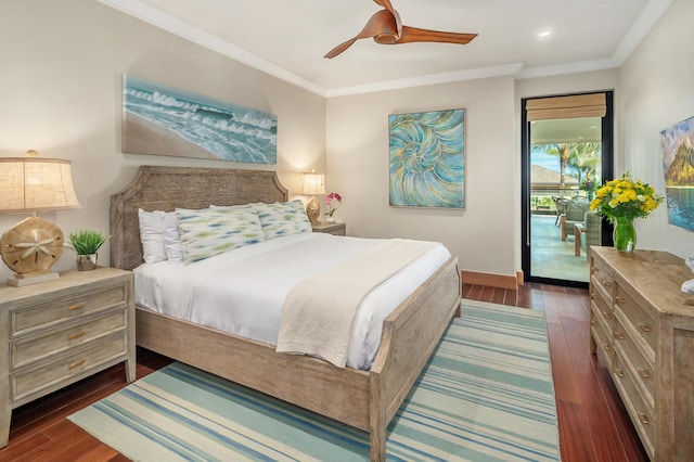 bedroom featuring crown molding, access to outside, ceiling fan, and dark hardwood / wood-style flooring