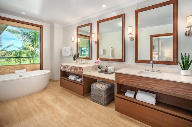 bathroom with crown molding, vanity, and a washtub