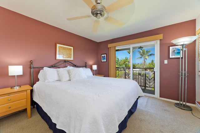 carpeted bedroom featuring access to outside and ceiling fan