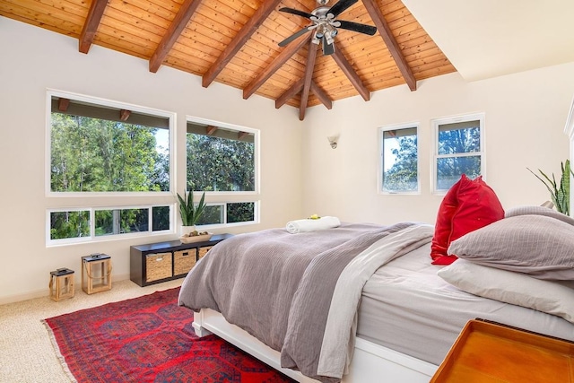 bedroom with wood ceiling, ceiling fan, carpet floors, and multiple windows