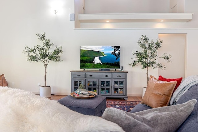 living room with hardwood / wood-style flooring and a towering ceiling