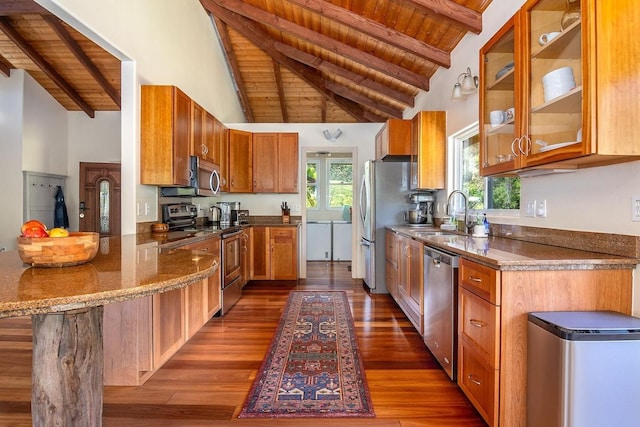 kitchen with sink, high vaulted ceiling, wooden ceiling, appliances with stainless steel finishes, and kitchen peninsula