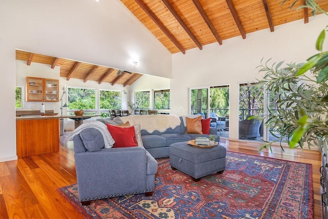 living room featuring wood ceiling, beam ceiling, high vaulted ceiling, and hardwood / wood-style floors