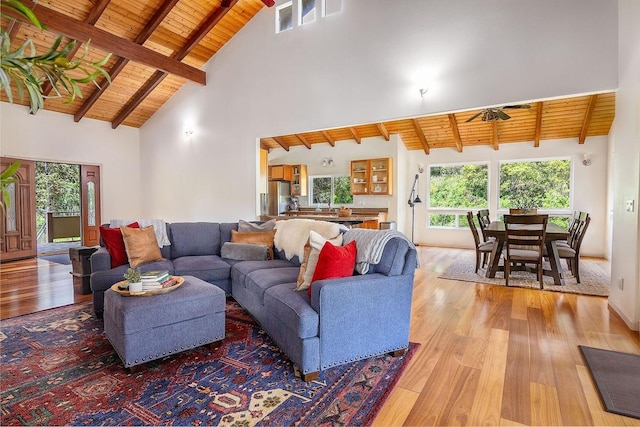 living room featuring beamed ceiling, light wood-type flooring, wooden ceiling, and high vaulted ceiling