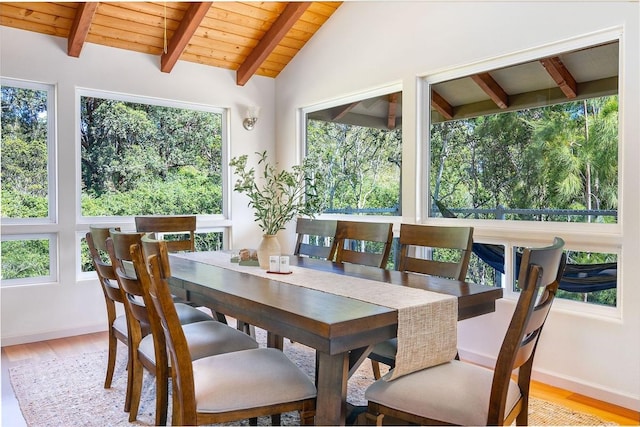 dining area with wood ceiling, lofted ceiling with beams, and light wood-type flooring