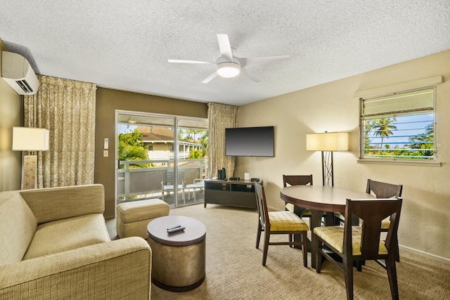 carpeted living room featuring ceiling fan, a textured ceiling, and an AC wall unit