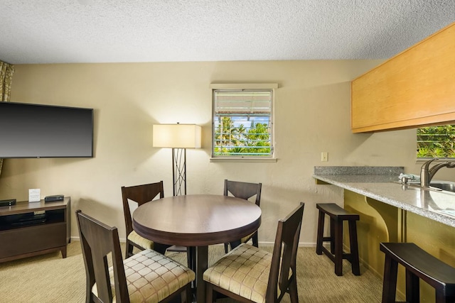 carpeted dining space featuring sink and a textured ceiling