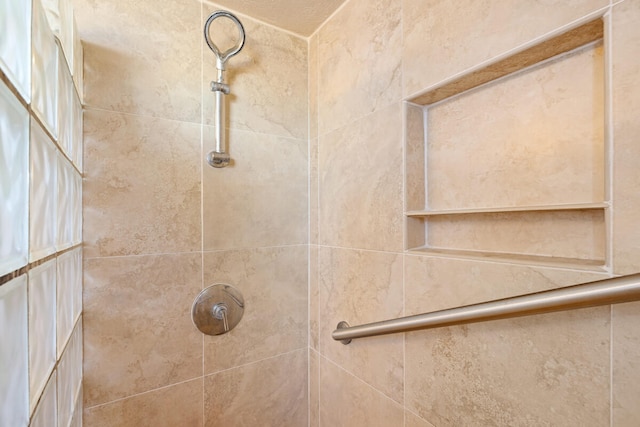 interior details featuring a tile shower