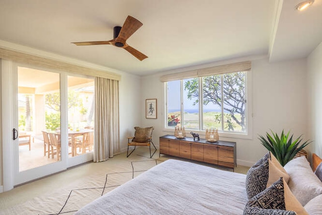 bedroom featuring carpet floors, access to outside, baseboards, and ceiling fan