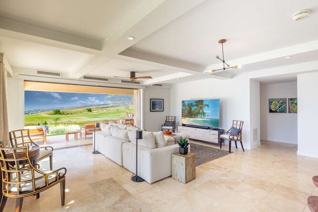 living room featuring coffered ceiling, visible vents, baseboards, a ceiling fan, and beamed ceiling