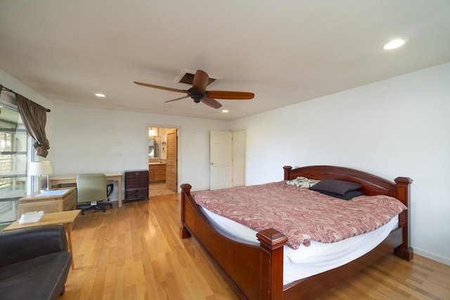 bedroom featuring ceiling fan and light wood-type flooring