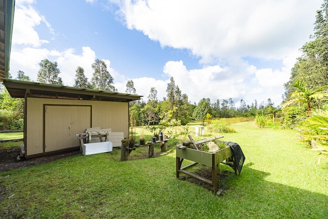 view of yard featuring a storage unit