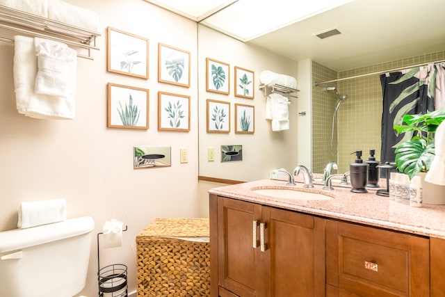 bathroom with a shower with curtain, vanity, and toilet