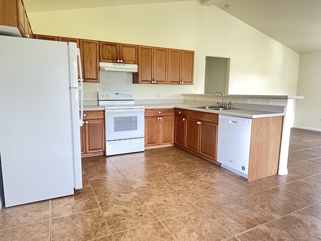 kitchen featuring sink, white appliances, tile patterned flooring, high vaulted ceiling, and kitchen peninsula