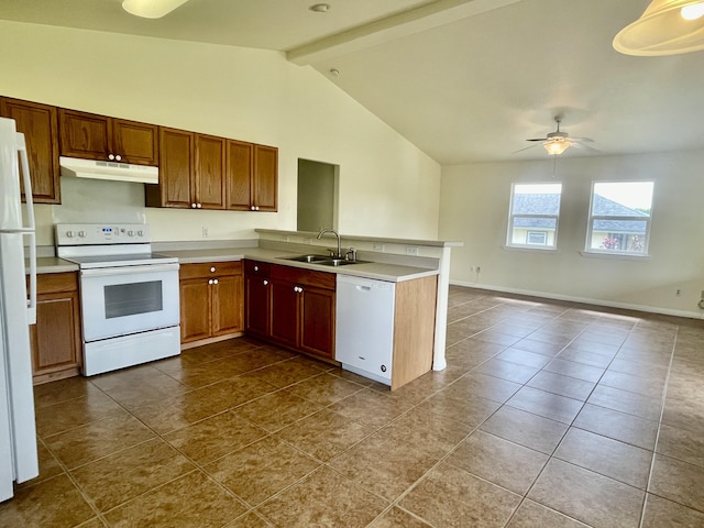 kitchen featuring tile patterned floors, sink, kitchen peninsula, beamed ceiling, and white appliances