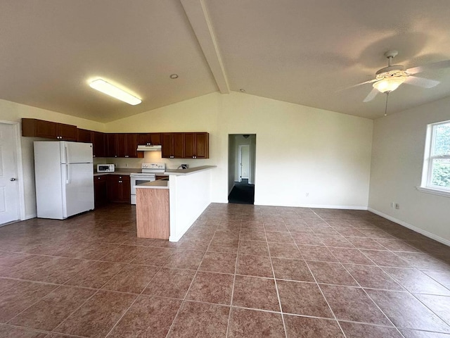 kitchen featuring ceiling fan, white appliances, tile patterned floors, and lofted ceiling with beams