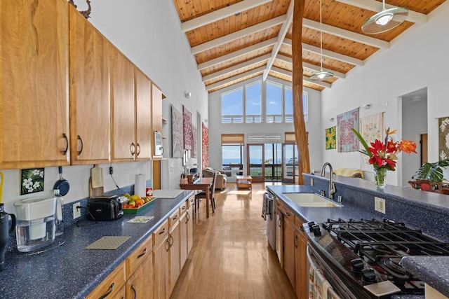 kitchen featuring sink, stainless steel appliances, light hardwood / wood-style floors, wooden ceiling, and beamed ceiling