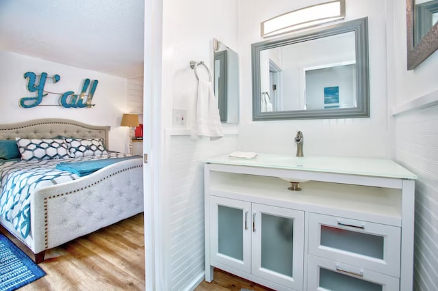 bathroom with vanity and wood-type flooring