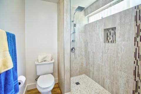 bathroom with toilet and a tile shower