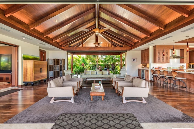 living room featuring dark hardwood / wood-style flooring, wood ceiling, high vaulted ceiling, and beamed ceiling