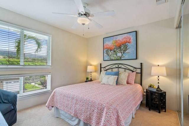 bedroom featuring multiple windows, light colored carpet, and a closet