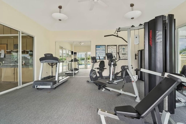 workout area featuring ceiling fan