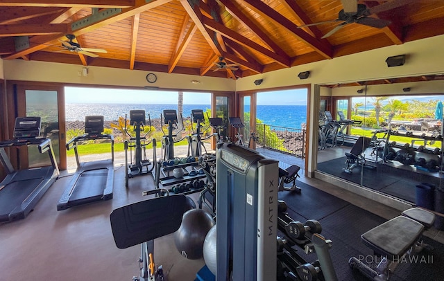 exercise room with ceiling fan, a water view, lofted ceiling, and wood ceiling