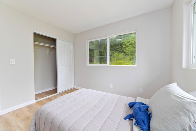 bedroom with light wood-type flooring and a closet