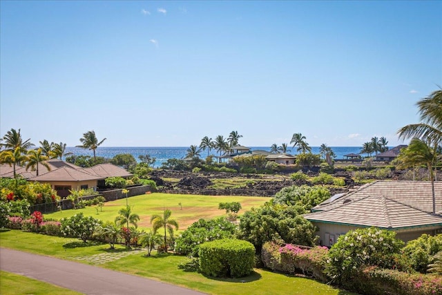 view of community with a water view and a yard