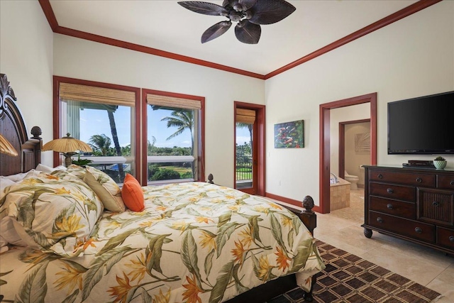 tiled bedroom with crown molding, connected bathroom, and ceiling fan