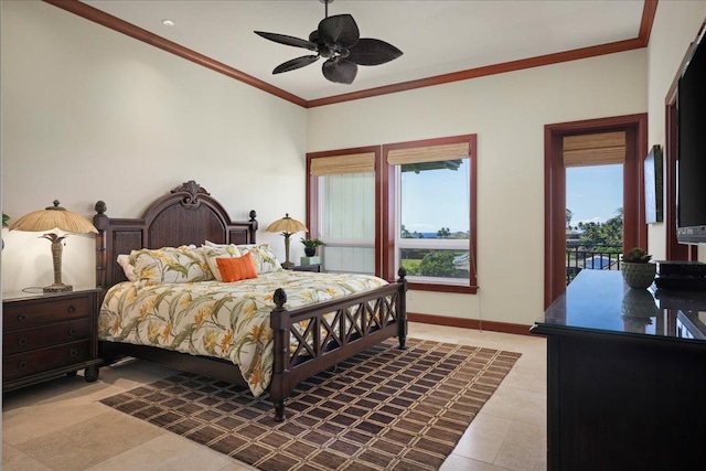 tiled bedroom featuring crown molding, access to outside, and ceiling fan