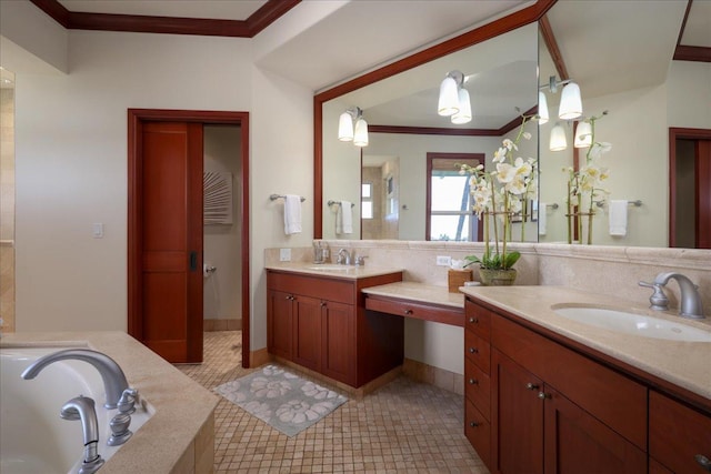 bathroom featuring ornamental molding, vanity, and a washtub