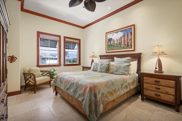 bedroom featuring crown molding and ceiling fan