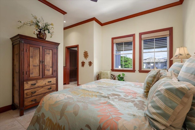 tiled bedroom with ornamental molding