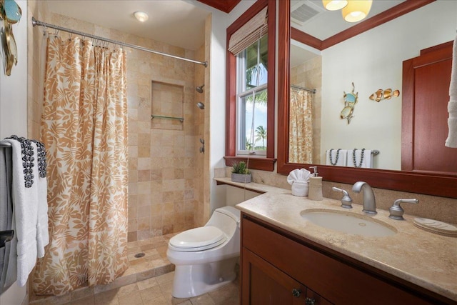 bathroom with walk in shower, vanity, toilet, and crown molding