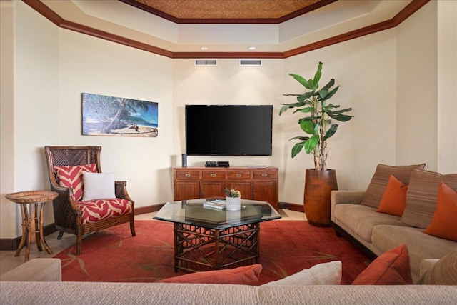 living room featuring crown molding