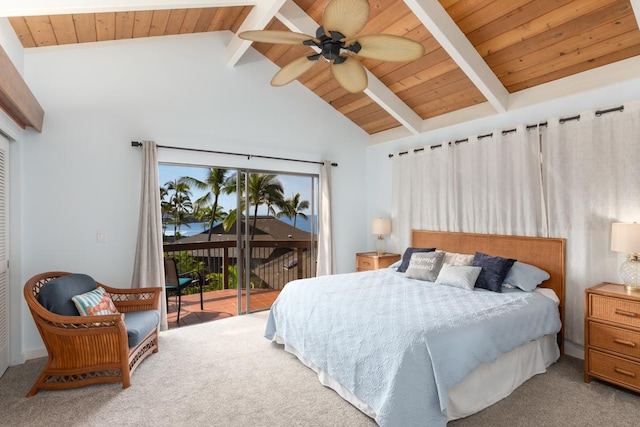 carpeted bedroom featuring vaulted ceiling with beams, access to outside, ceiling fan, and wooden ceiling