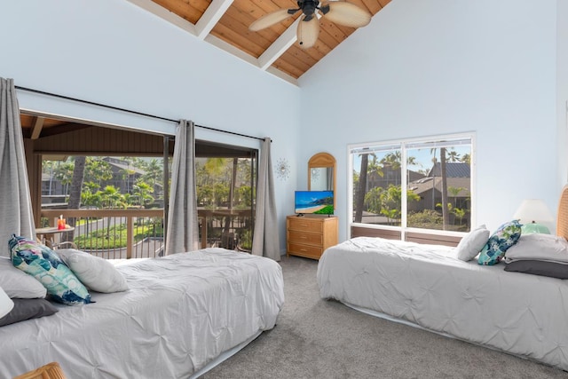 bedroom featuring access to exterior, carpet, wood ceiling, ceiling fan, and beamed ceiling