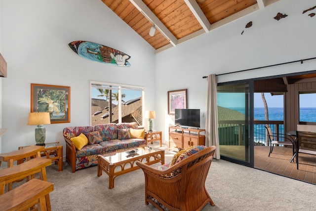 living room featuring high vaulted ceiling, beamed ceiling, wooden ceiling, and light colored carpet