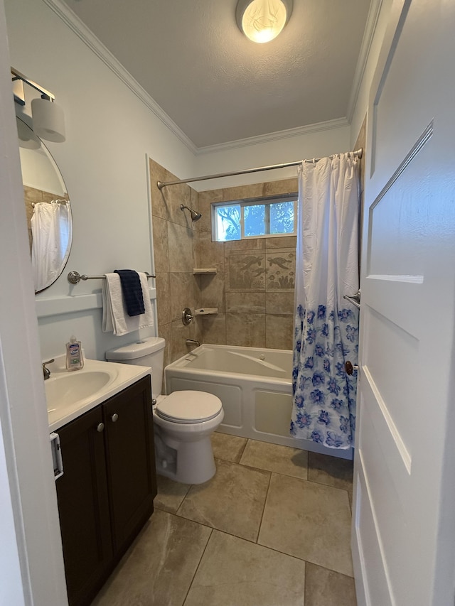 full bathroom with tile patterned floors, toilet, ornamental molding, vanity, and shower / bath combo