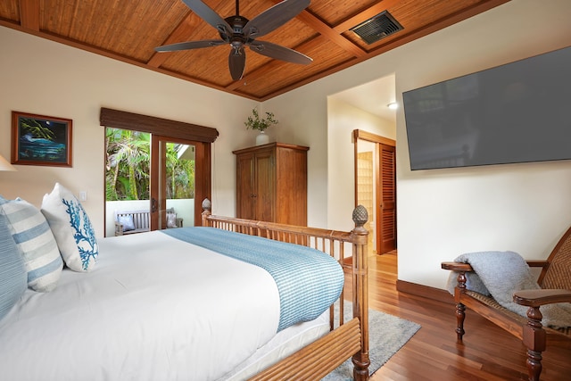 bedroom with ceiling fan, visible vents, wood ceiling, light wood-type flooring, and beamed ceiling