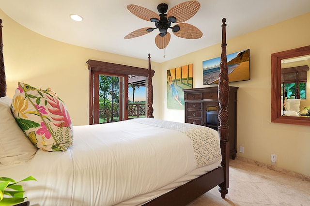 bedroom featuring a ceiling fan, recessed lighting, light tile patterned flooring, and baseboards